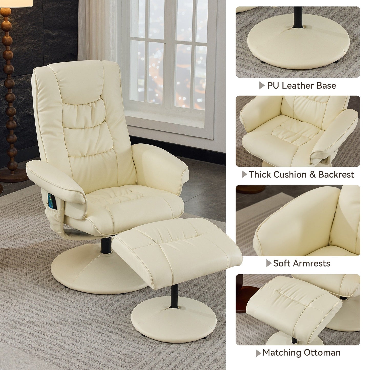 Fauteuil inclinable pivotant avec repose-pieds, siège chauffant, massage par vibrations à 5 points et dossier réglable à 140°