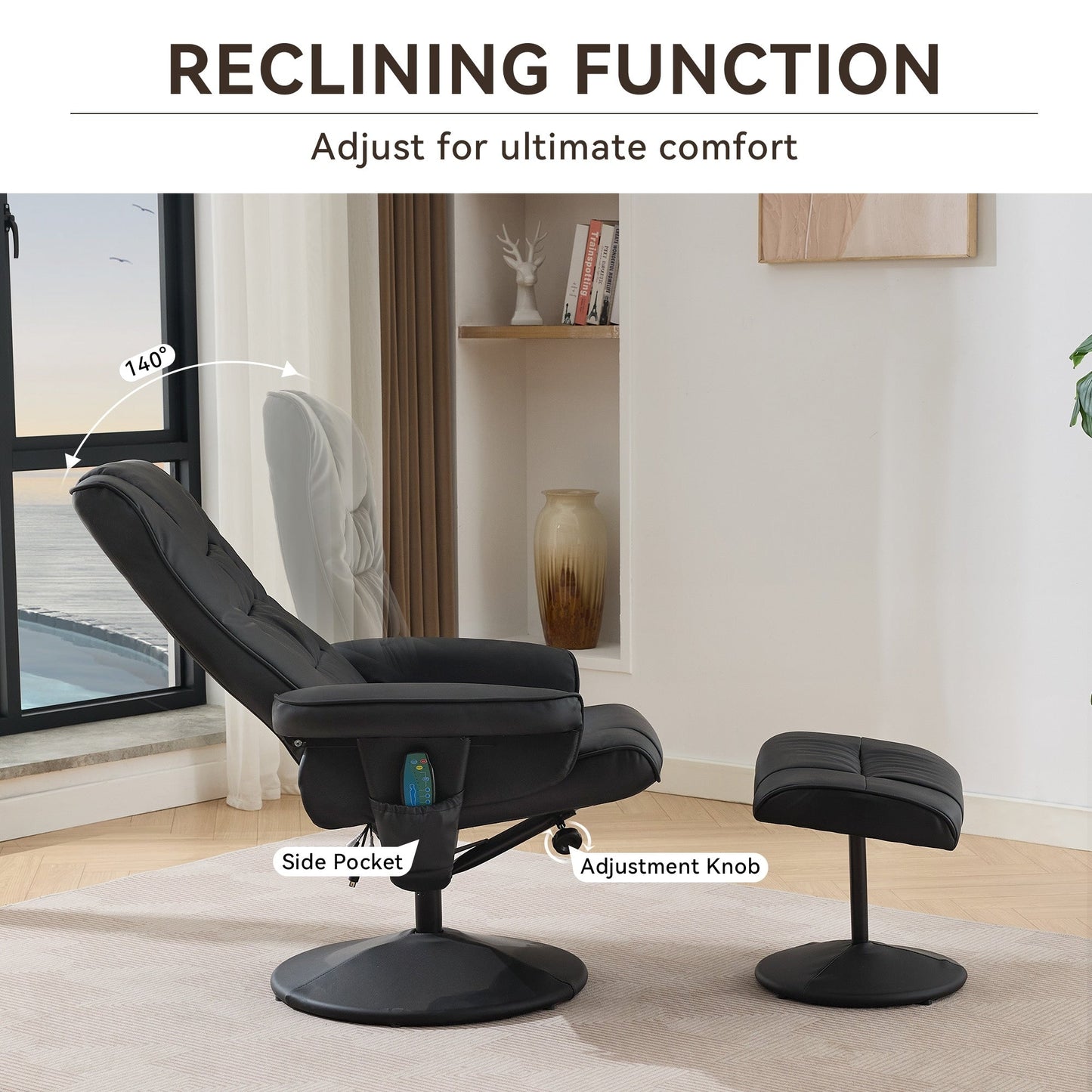 Fauteuil inclinable pivotant avec repose-pieds, siège chauffant, massage par vibrations à 5 points et dossier réglable à 140°