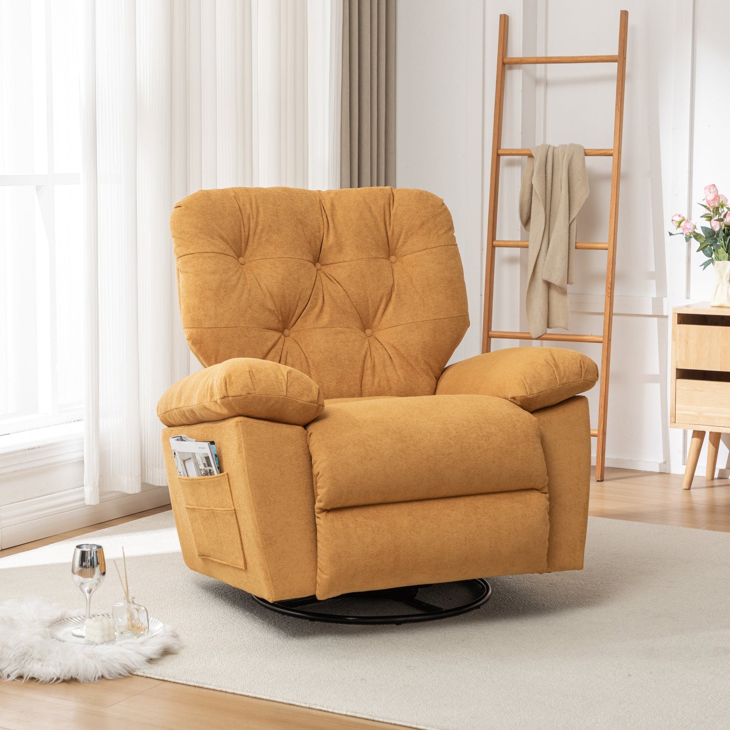 Fauteuil inclinable pivotant avec rembourrage en polaire synthétique douce, confort généreux, fonction planeur, poche latérale, dossier réglable