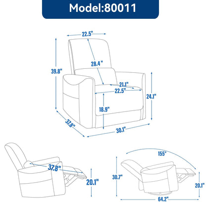 Fauteuil inclinable pivotant, fauteuil inclinable à bascule électrique avec ports USB et Type-C, canapé simple de salon, fauteuil à bascule planeur pour chambre d'enfant