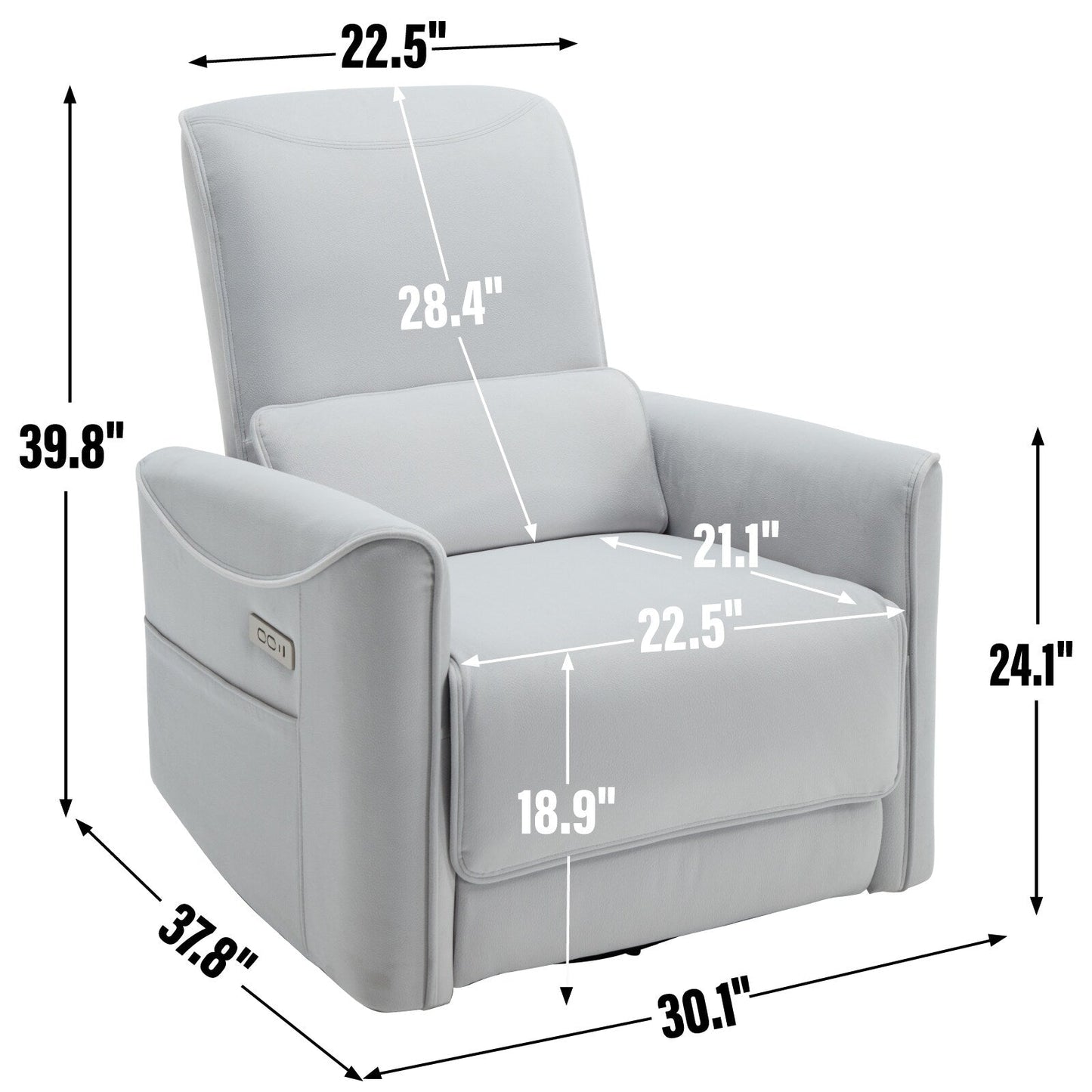 Fauteuil inclinable pivotant, fauteuil inclinable à bascule électrique avec ports USB et Type-C, canapé simple de salon, fauteuil à bascule planeur pour chambre d'enfant