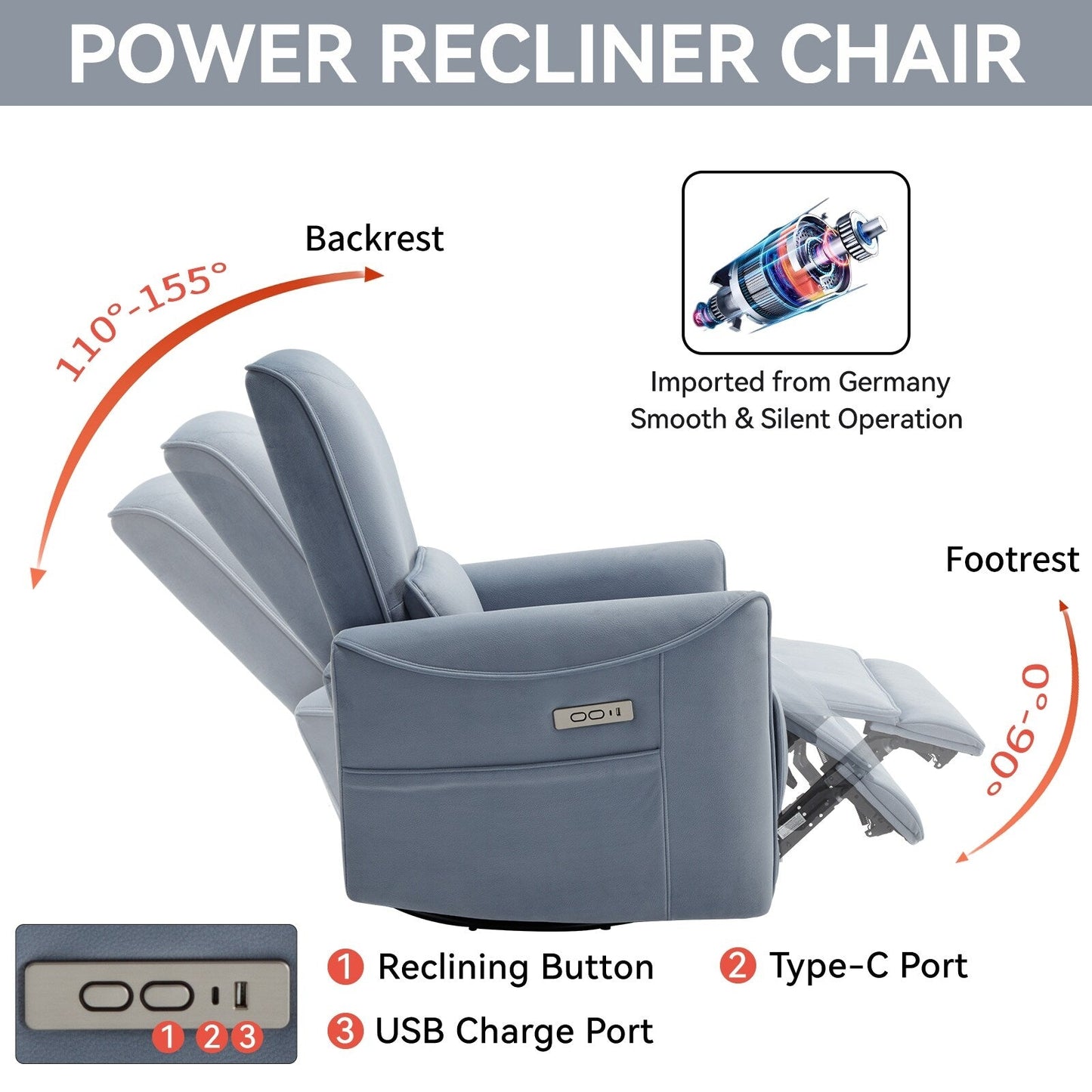 Fauteuil inclinable pivotant, fauteuil inclinable à bascule électrique avec ports USB et Type-C, canapé simple de salon, fauteuil à bascule planeur pour chambre d'enfant