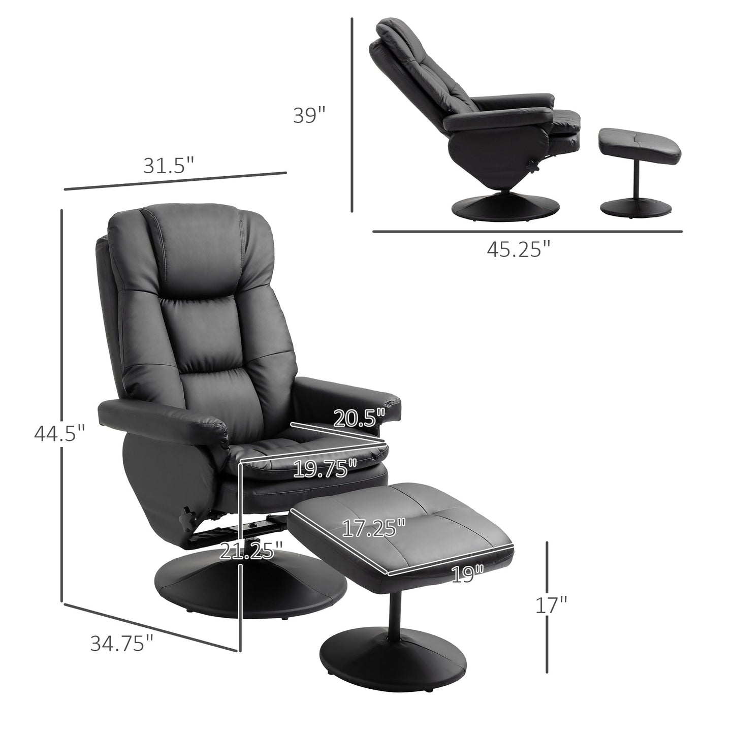 Fauteuil pivotant inclinable en similicuir avec pouf assorti, dossier réglable et support rembourré pour salon