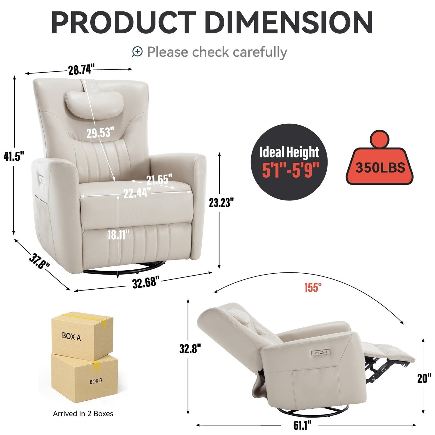 Fauteuil inclinable pivotant à bascule avec rotation à 270°, inclinaison infinie et USB/Type-C