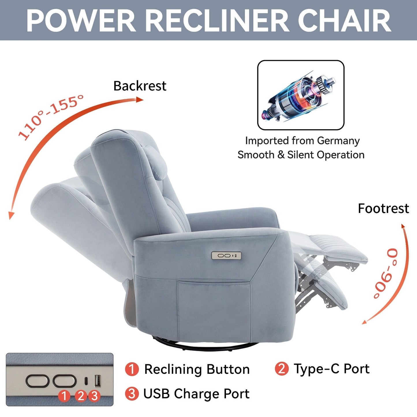 Fauteuil inclinable pivotant à bascule avec rotation à 270°, inclinaison infinie et USB/Type-C