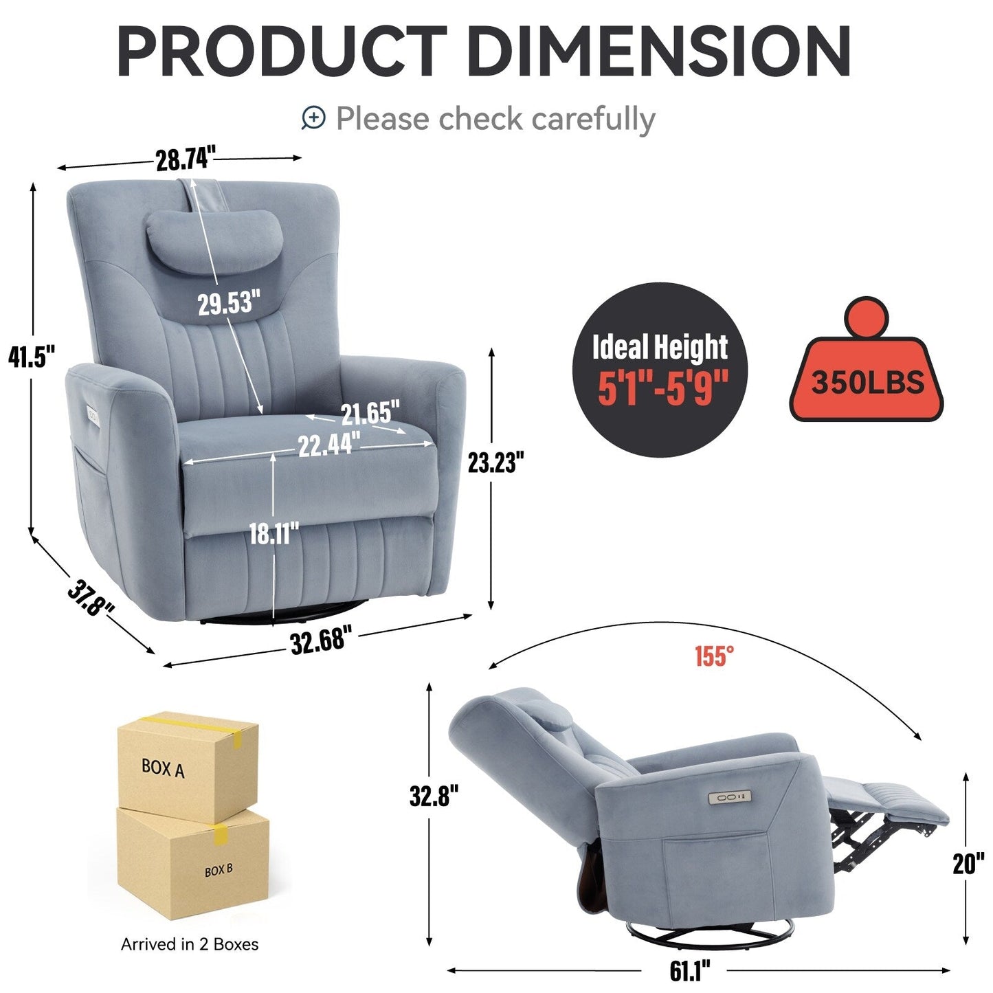 Fauteuil inclinable pivotant à bascule avec rotation à 270°, inclinaison infinie et USB/Type-C