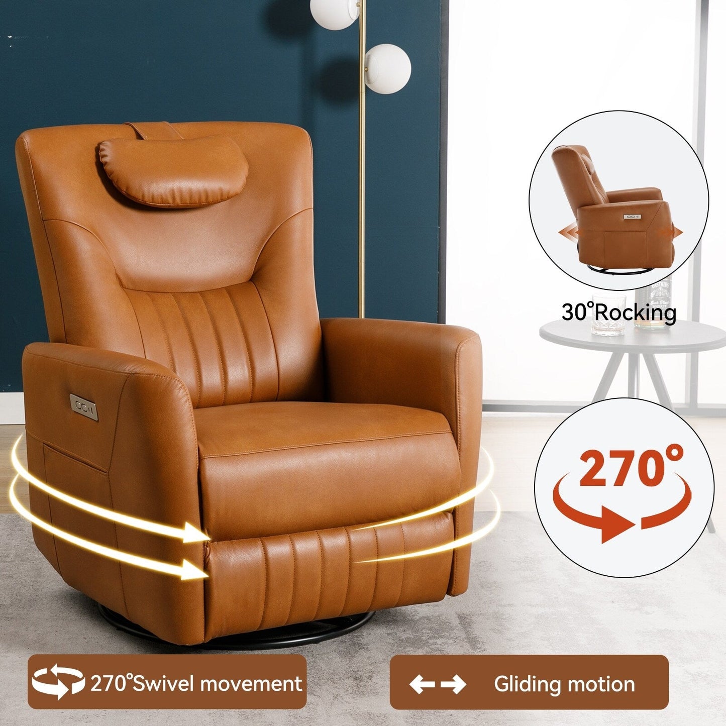 Fauteuil inclinable pivotant à bascule avec rotation à 270°, inclinaison infinie et USB/Type-C