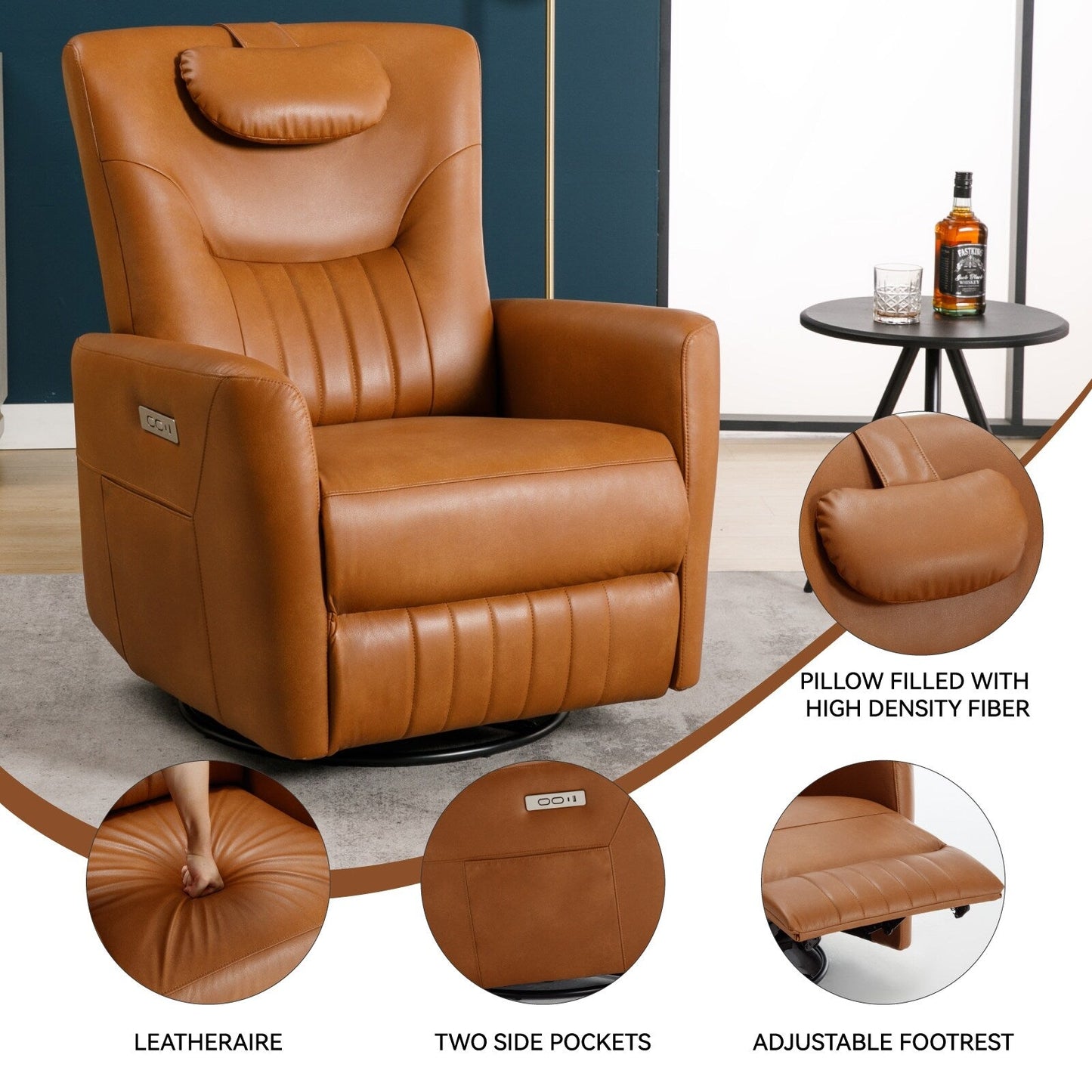 Fauteuil inclinable pivotant à bascule avec rotation à 270°, inclinaison infinie et USB/Type-C