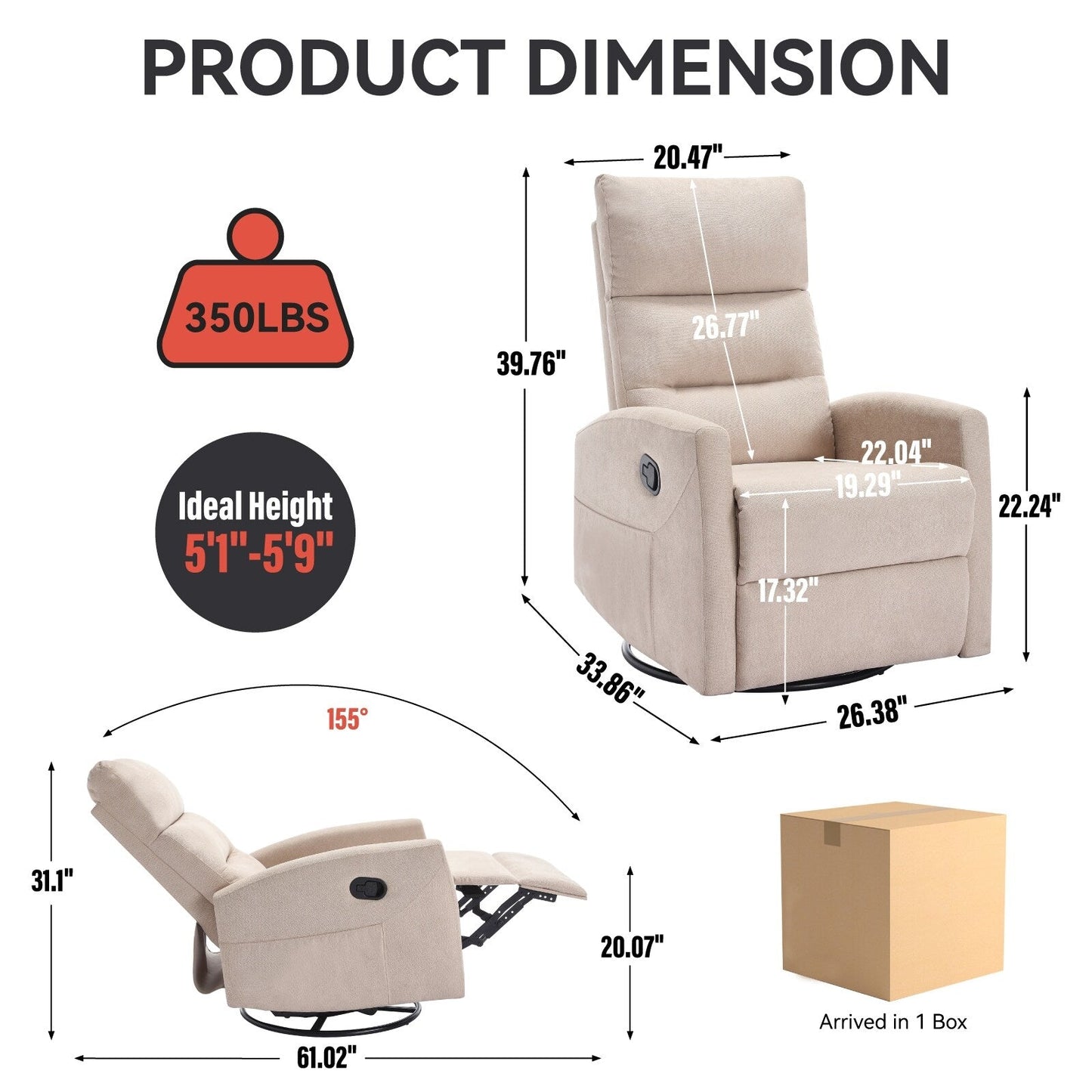 Fauteuil inclinable pivotant à bascule avec inclinaison à 155° et installation sans outil