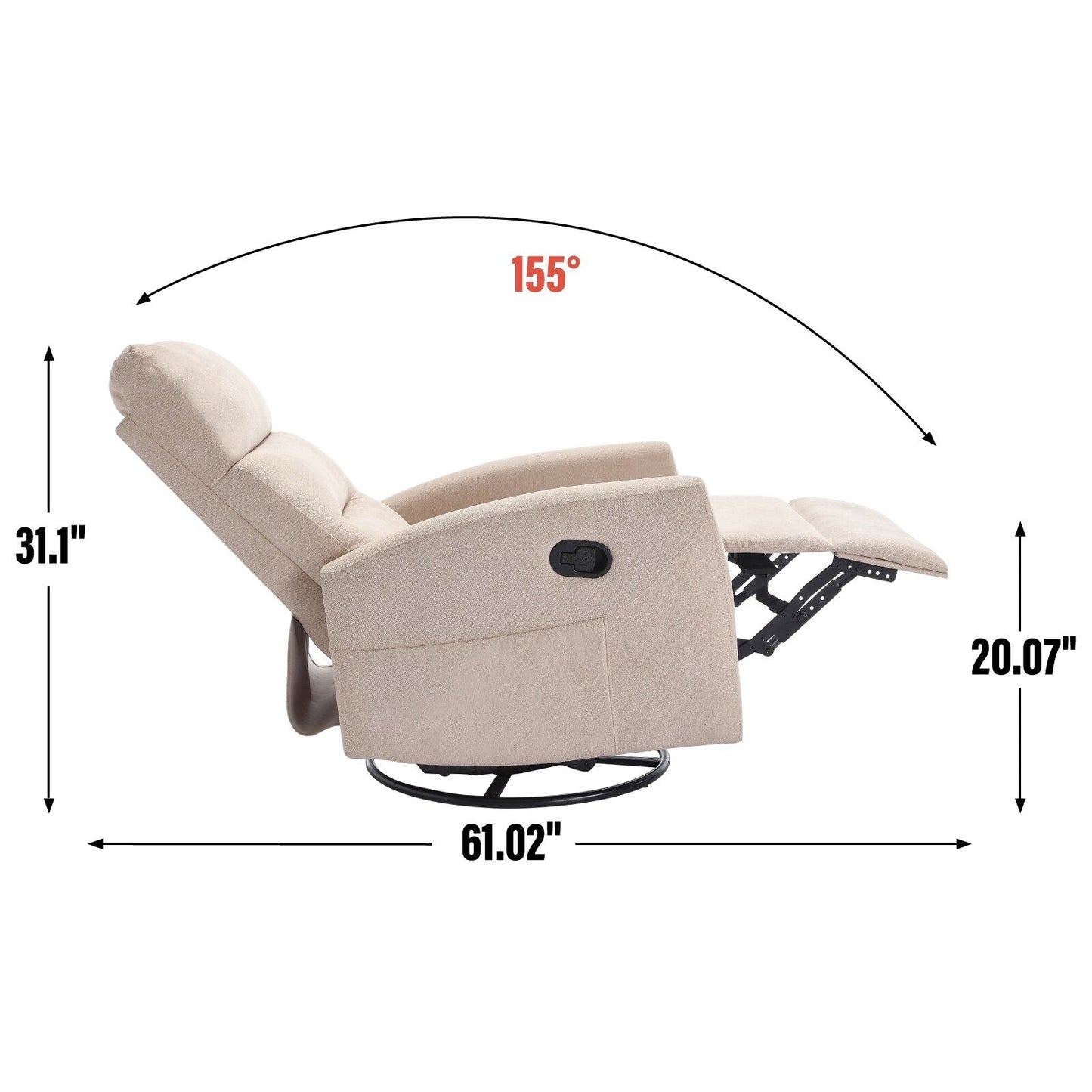 Fauteuil inclinable pivotant à bascule avec inclinaison à 155° et installation sans outil