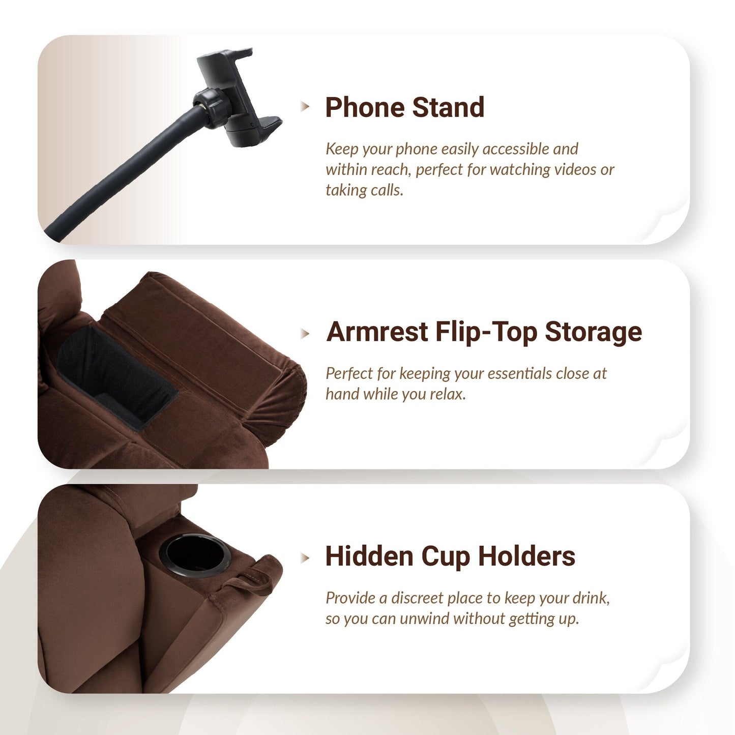 Fauteuil inclinable pivotant à bascule avec massage, chauffage et support de téléphone – Idéal pour le salon, le bureau, la chambre