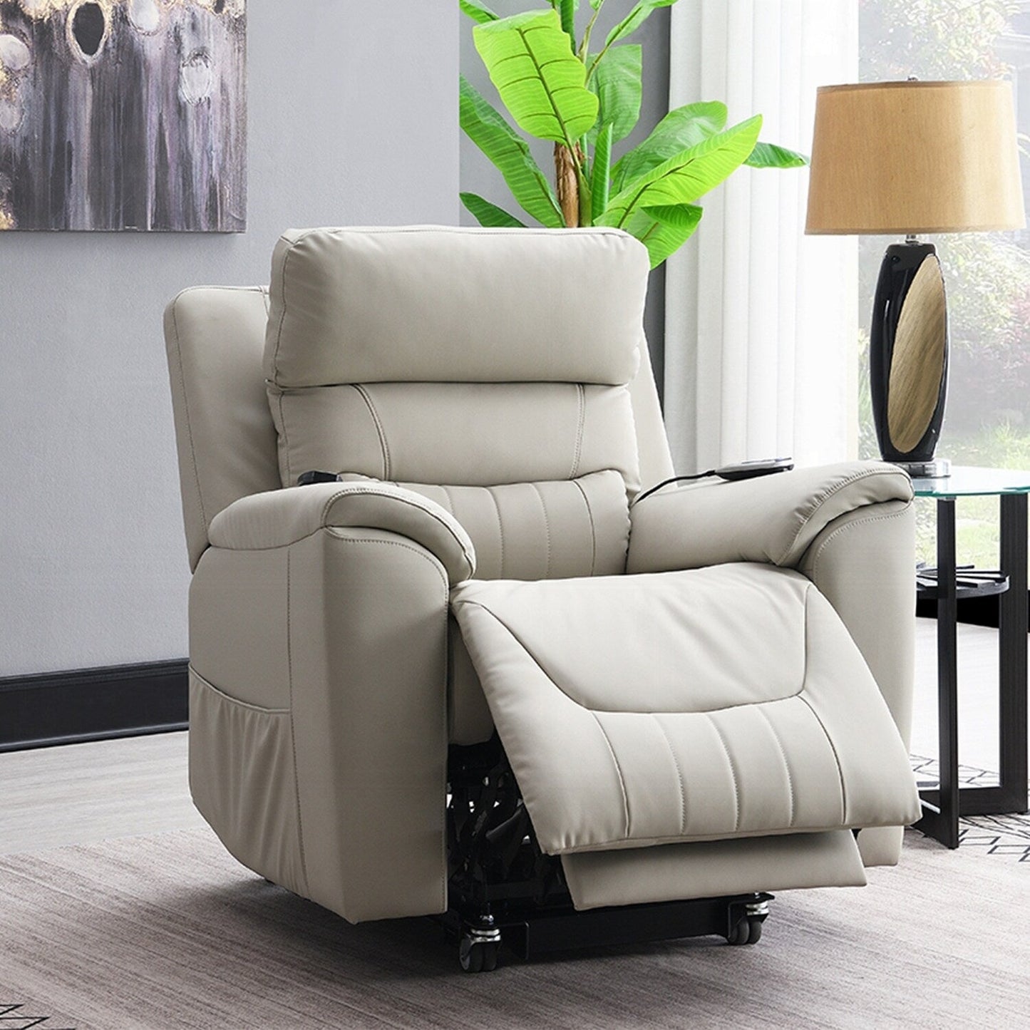 Fauteuil inclinable électrique en cuir synthétique avec chauffage et massage, gris clair