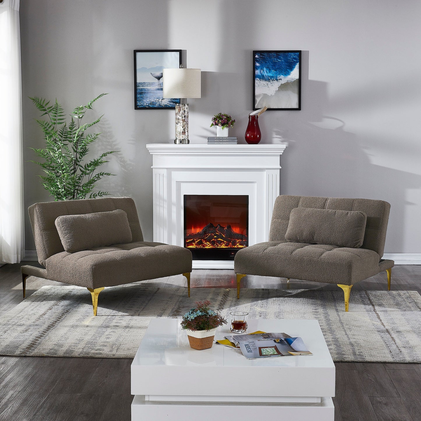 Canapé-lit modulable en chenille taupe avec cadre en bois