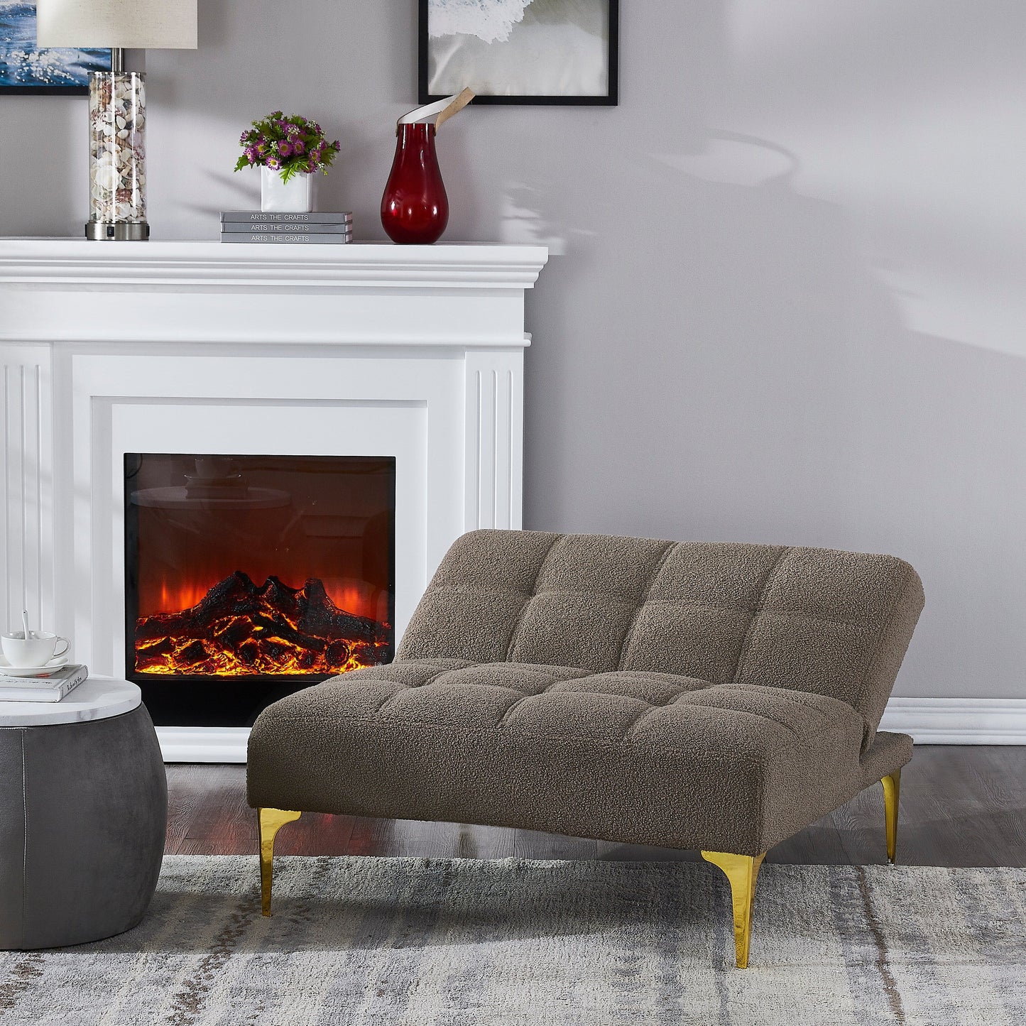 Canapé-lit modulaire simple en chenille taupe avec cadre en bois