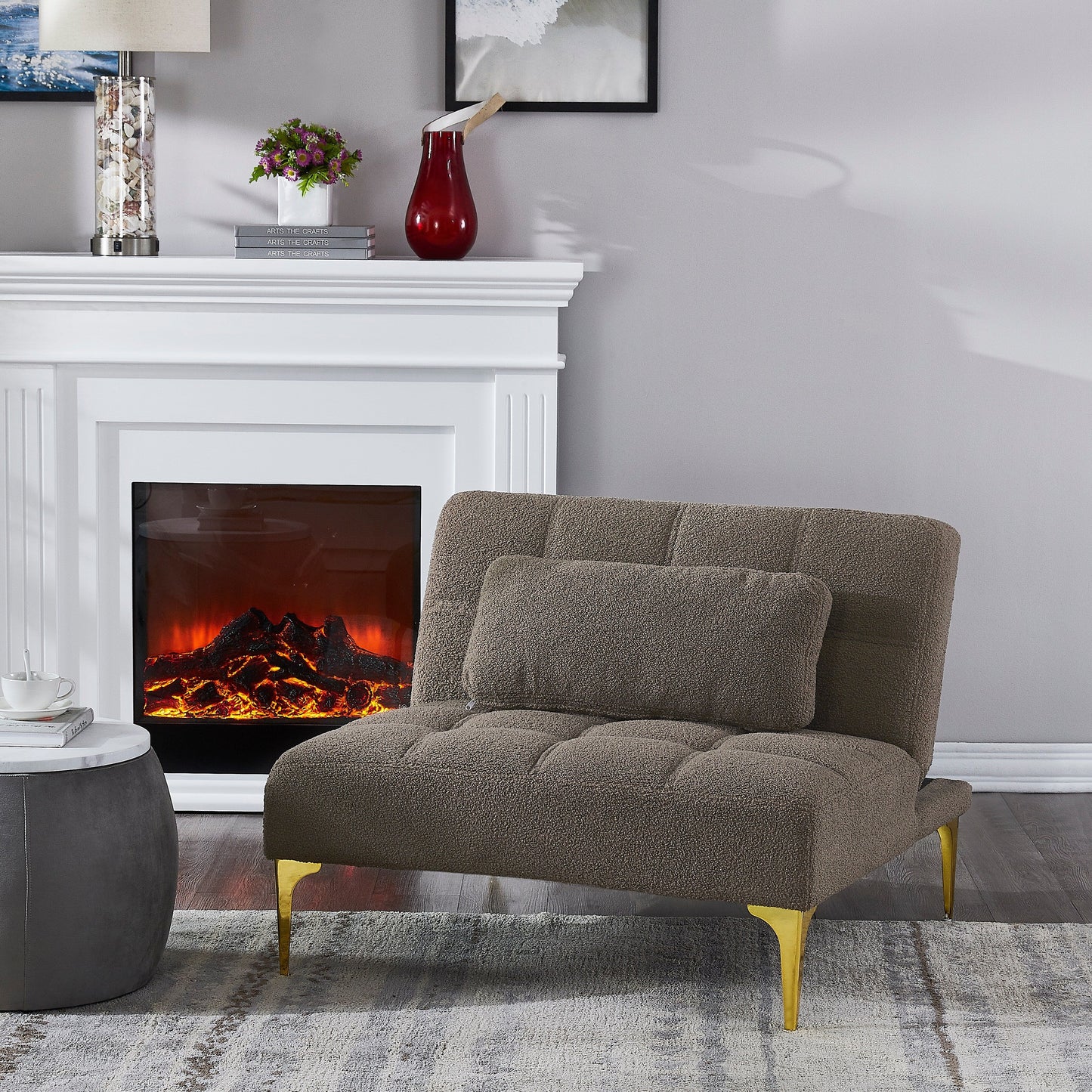 Canapé-lit modulaire simple en chenille taupe avec cadre en bois