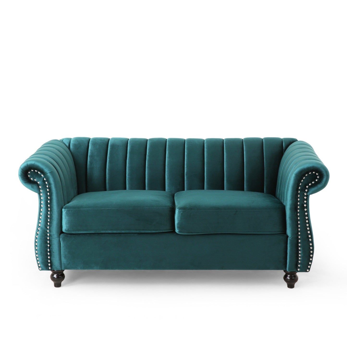 Canapé Chesterfield bleu sarcelle avec clous et pieds en bouleau