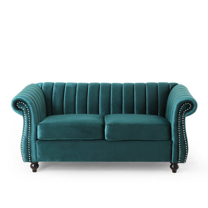 Canapé Chesterfield bleu sarcelle avec clous et pieds en bouleau