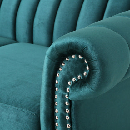 Canapé Chesterfield bleu sarcelle avec clous et pieds en bouleau