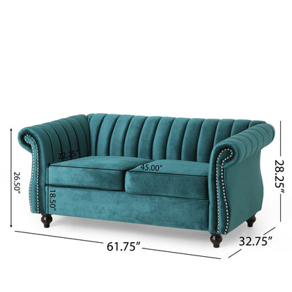 Canapé Chesterfield bleu sarcelle avec clous et pieds en bouleau