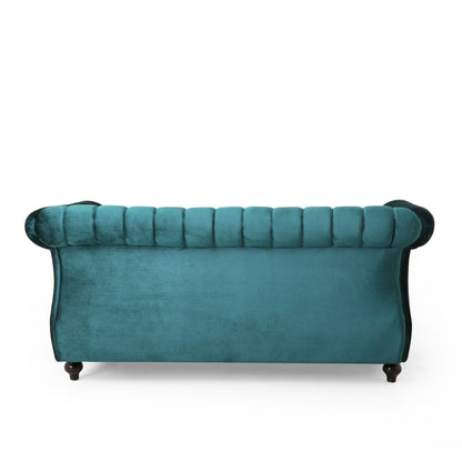 Canapé Chesterfield bleu sarcelle avec clous et pieds en bouleau