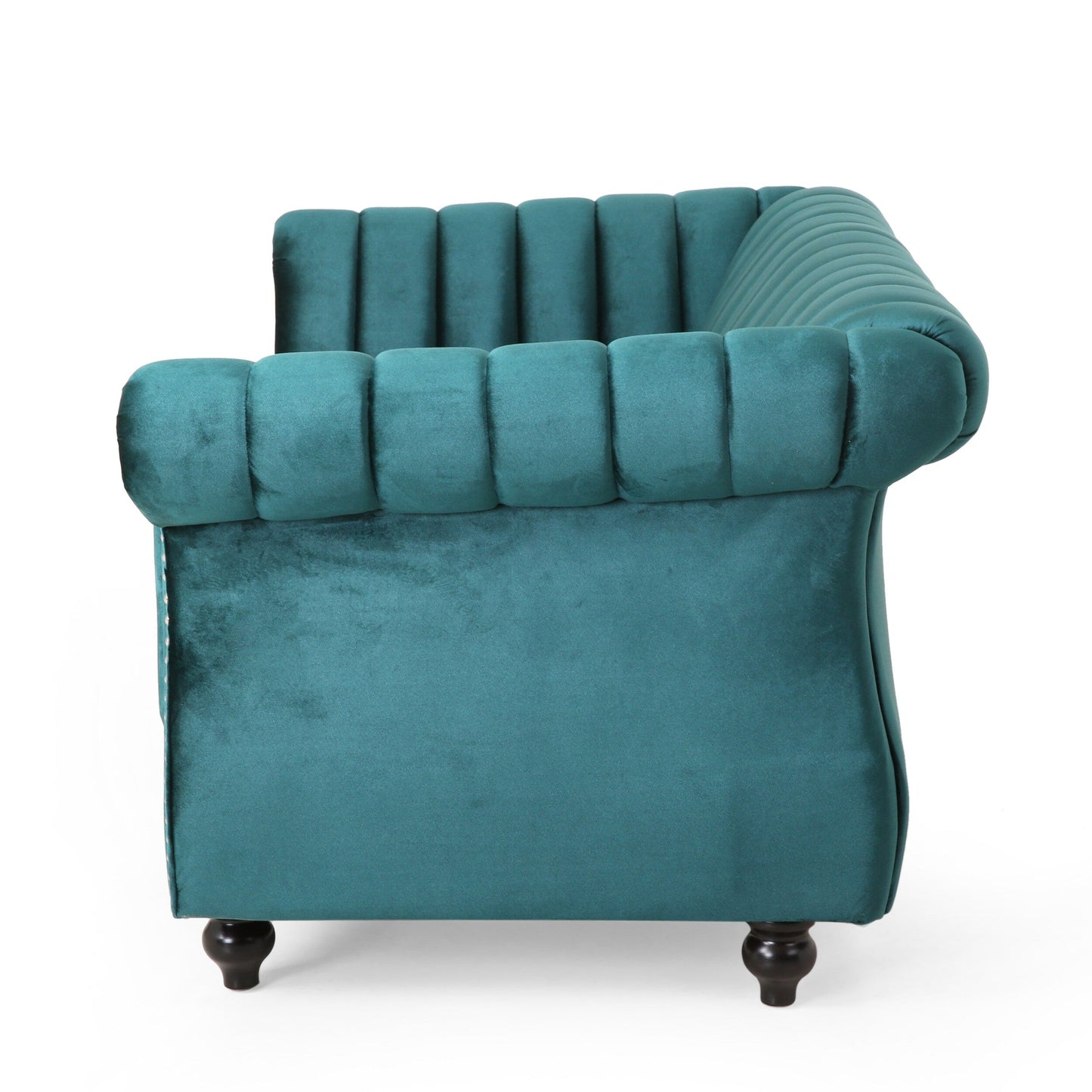 Canapé Chesterfield bleu sarcelle avec clous et pieds en bouleau