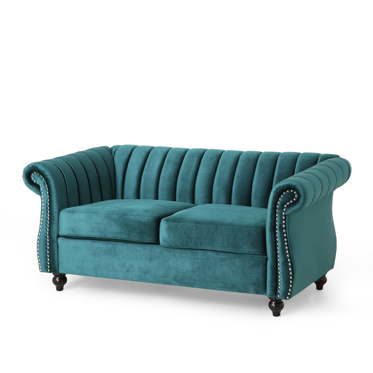 Canapé Chesterfield bleu sarcelle avec clous et pieds en bouleau