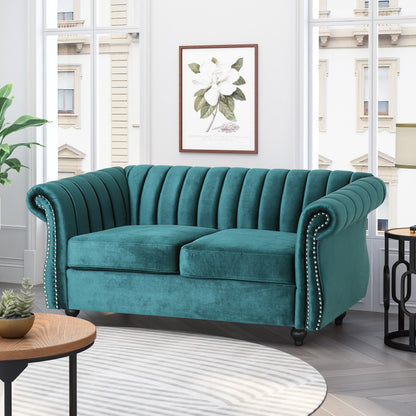 Canapé Chesterfield bleu sarcelle avec clous et pieds en bouleau