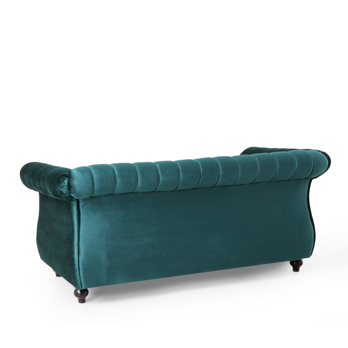 Canapé Chesterfield bleu sarcelle avec clous et pieds en bouleau