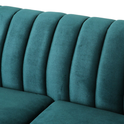 Canapé Chesterfield bleu sarcelle avec clous et pieds en bouleau