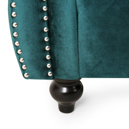 Canapé Chesterfield bleu sarcelle avec clous et pieds en bouleau