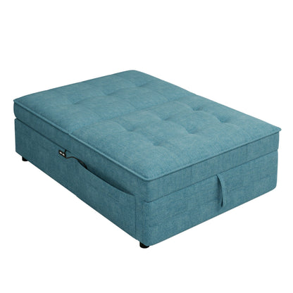 Canapé-lit ottoman en lin bleu sarcelle avec poche de rangement et port USB