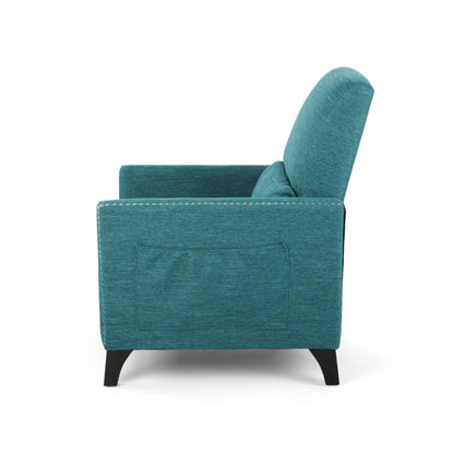 Fauteuil inclinable moderne en tissu bleu sarcelle avec repose-pieds, détails cloutés et pieds en bois de bouleau