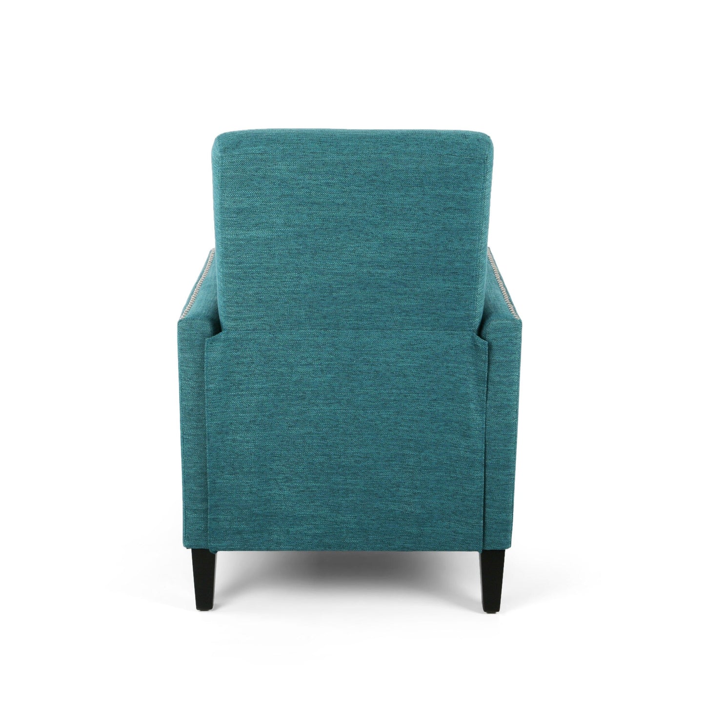 Fauteuil inclinable moderne en tissu bleu sarcelle avec repose-pieds, détails cloutés et pieds en bois de bouleau
