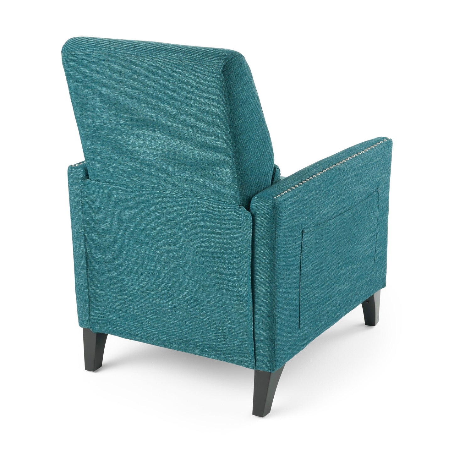 Fauteuil inclinable moderne en tissu bleu sarcelle avec repose-pieds, détails cloutés et pieds en bois de bouleau