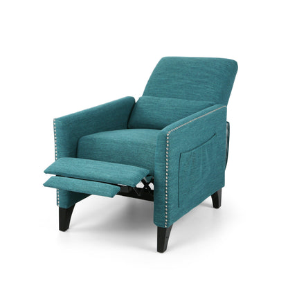 Fauteuil inclinable moderne en tissu bleu sarcelle avec repose-pieds, détails cloutés et pieds en bois de bouleau