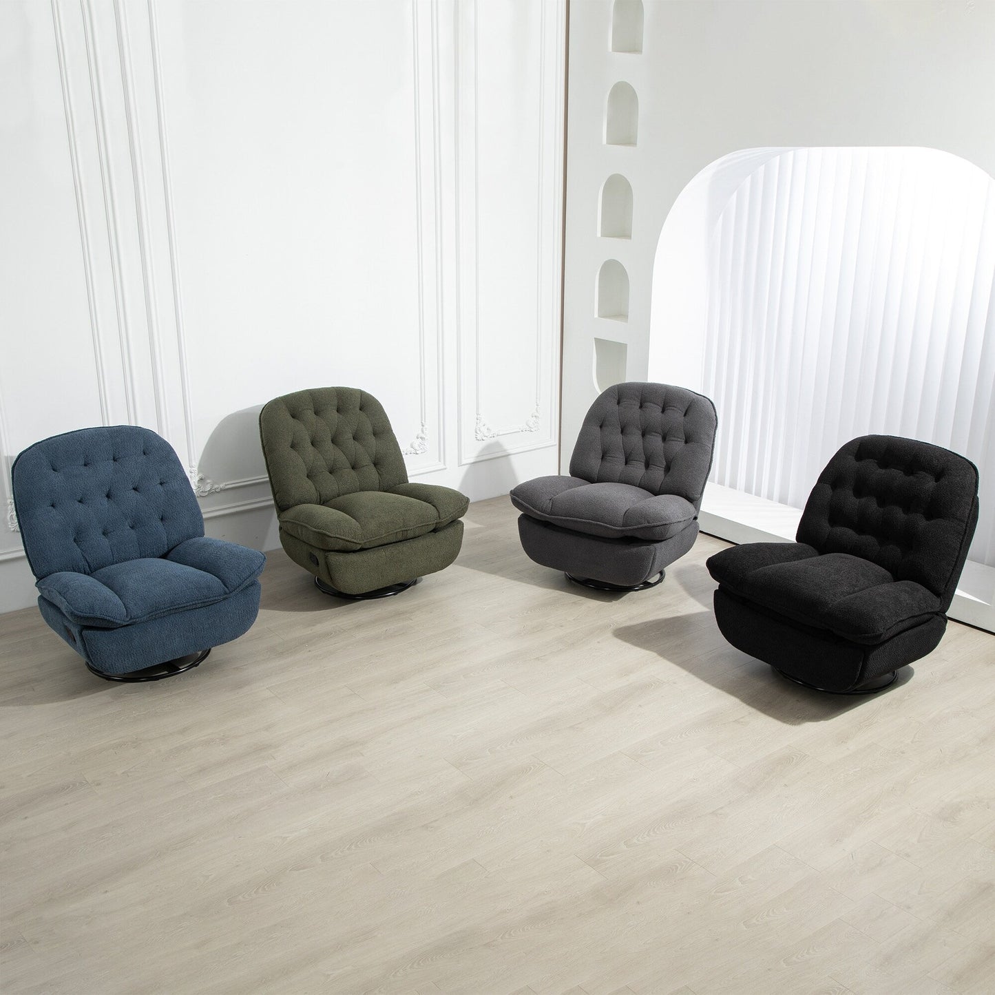 Fauteuil inclinable manuel pivotant à 360° surdimensionné en chenille bleu sarcelle avec repose-pieds allongé et dossier capitonné