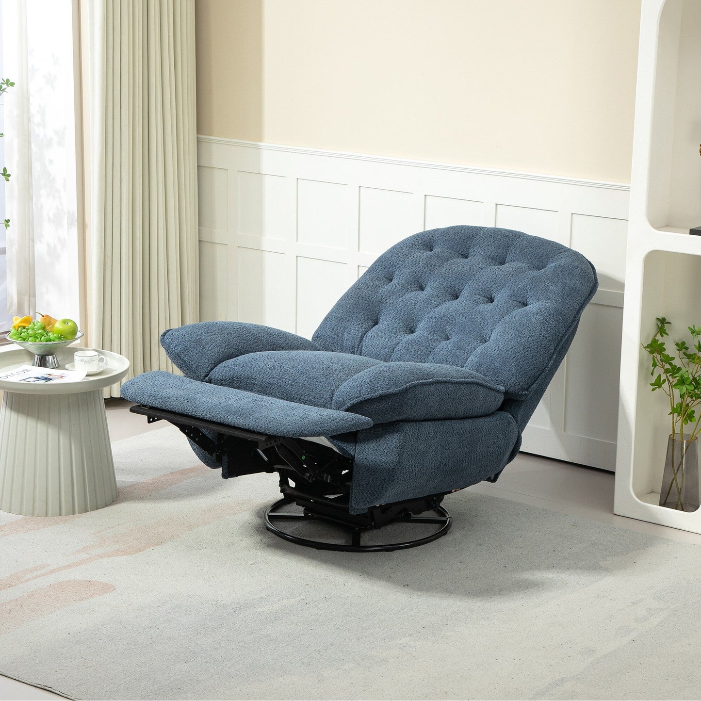 Fauteuil inclinable manuel pivotant à 360° surdimensionné en chenille bleu sarcelle avec repose-pieds allongé et dossier capitonné