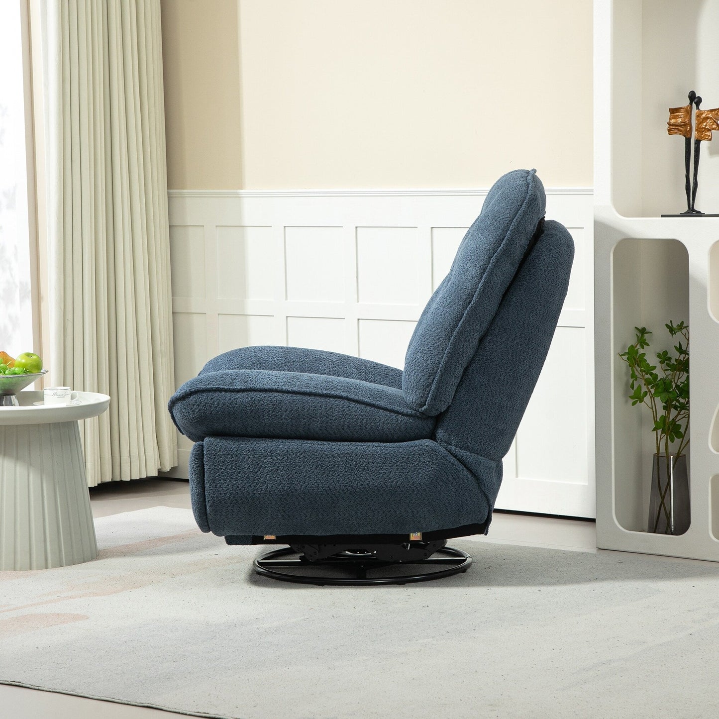 Fauteuil inclinable manuel pivotant à 360° surdimensionné en chenille bleu sarcelle avec repose-pieds allongé et dossier capitonné