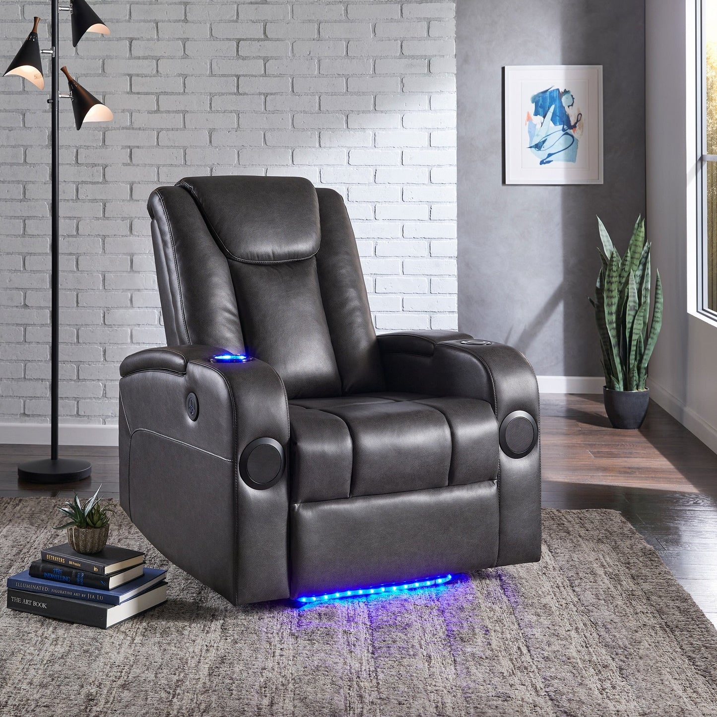 Fauteuil inclinable électrique à LED en cuir vegan gris Terlingua avec haut-parleur, rangement, port USB et chargeur sans fil par iNSPIRE Q Classic