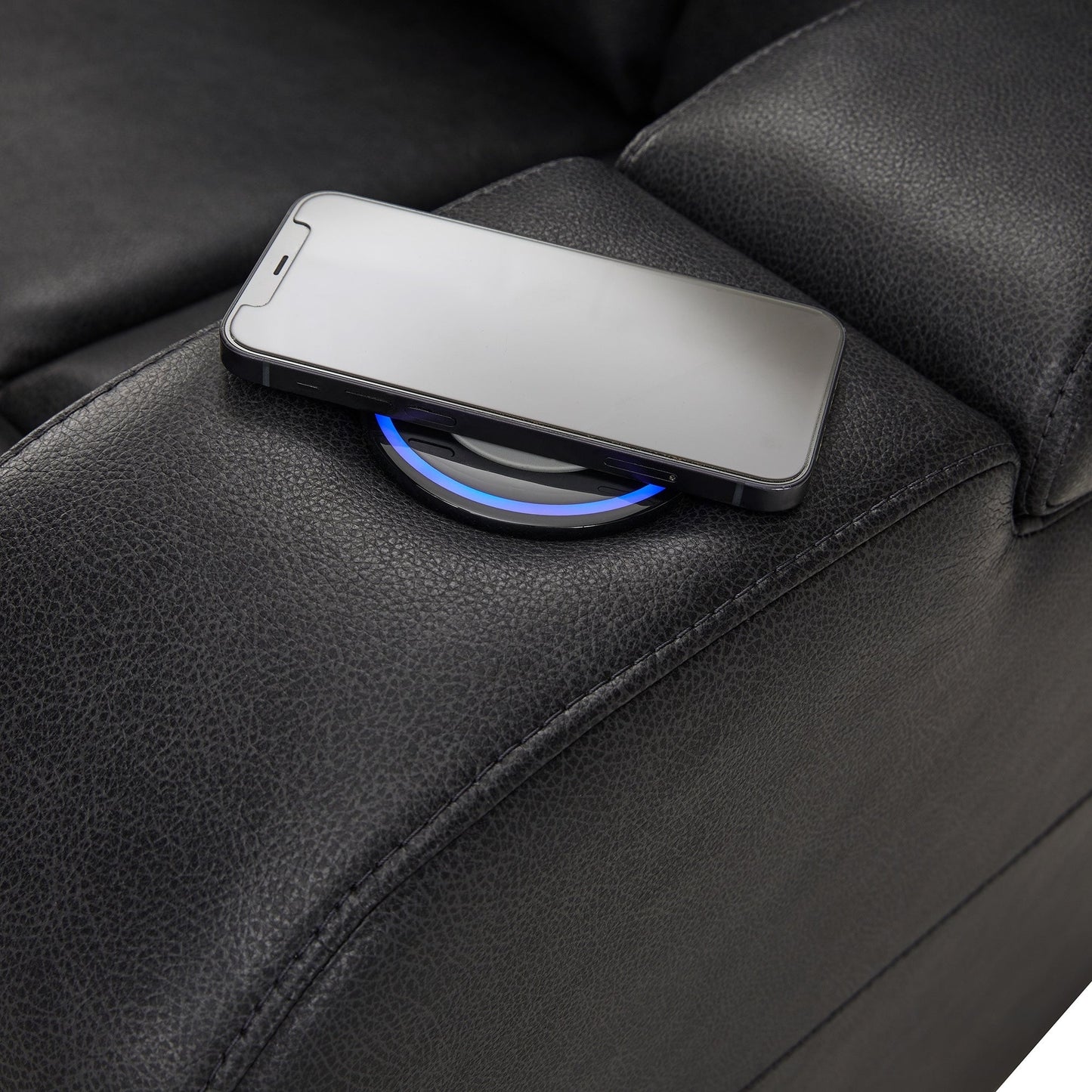 Fauteuil inclinable électrique à LED en cuir vegan gris Terlingua avec haut-parleur, rangement, port USB et chargeur sans fil par iNSPIRE Q Classic