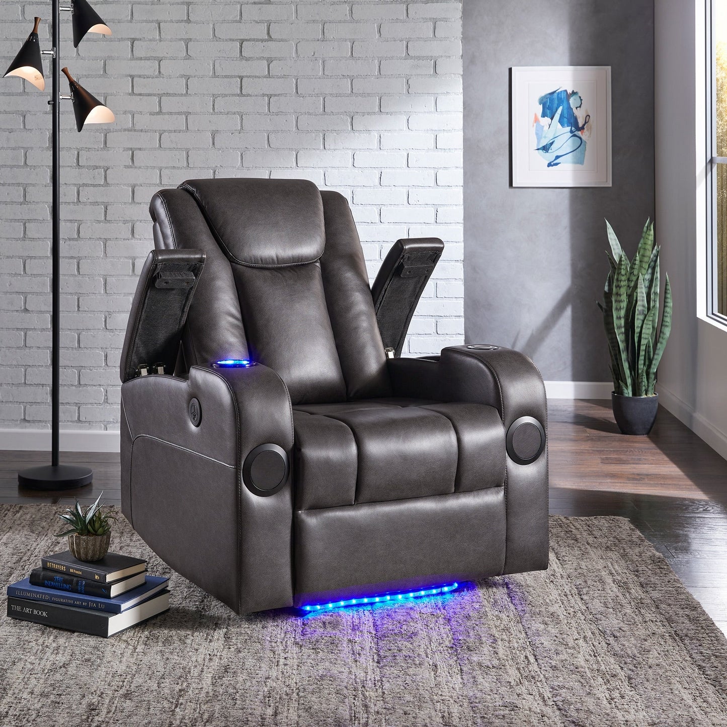 Fauteuil inclinable électrique à LED en cuir vegan gris Terlingua avec haut-parleur, rangement, port USB et chargeur sans fil par iNSPIRE Q Classic