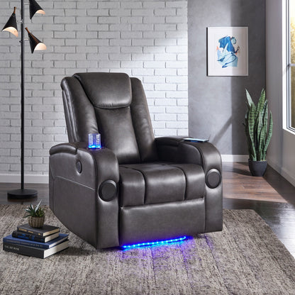 Fauteuil inclinable électrique à LED en cuir vegan gris Terlingua avec haut-parleur, rangement, port USB et chargeur sans fil par iNSPIRE Q Classic