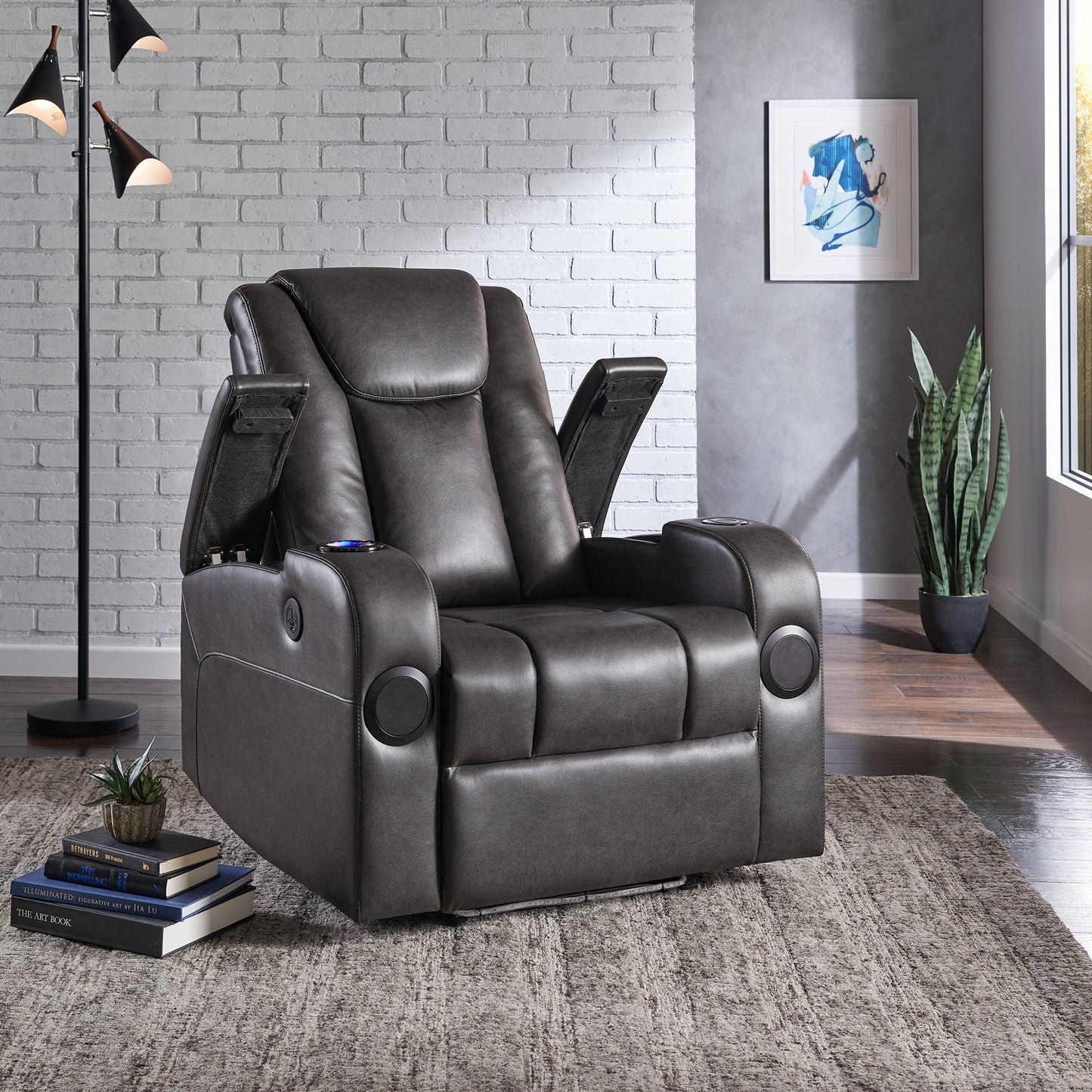 Fauteuil inclinable électrique à LED en cuir vegan gris Terlingua avec haut-parleur, rangement, port USB et chargeur sans fil par iNSPIRE Q Classic