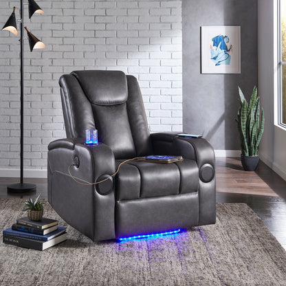 Fauteuil inclinable électrique à LED en cuir vegan gris Terlingua avec haut-parleur, rangement, port USB et chargeur sans fil par iNSPIRE Q Classic