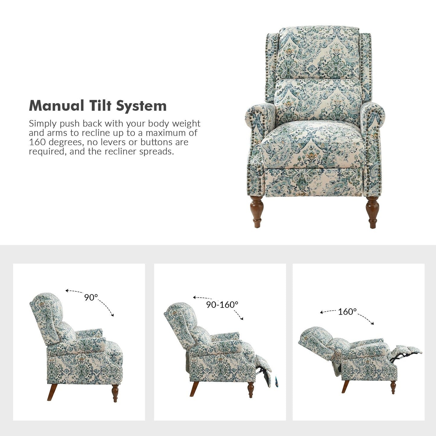 Fauteuil inclinable manuel Terri Classic avec accoudoirs coupés et clous pour salon, lot de 2 par HULALA HOME