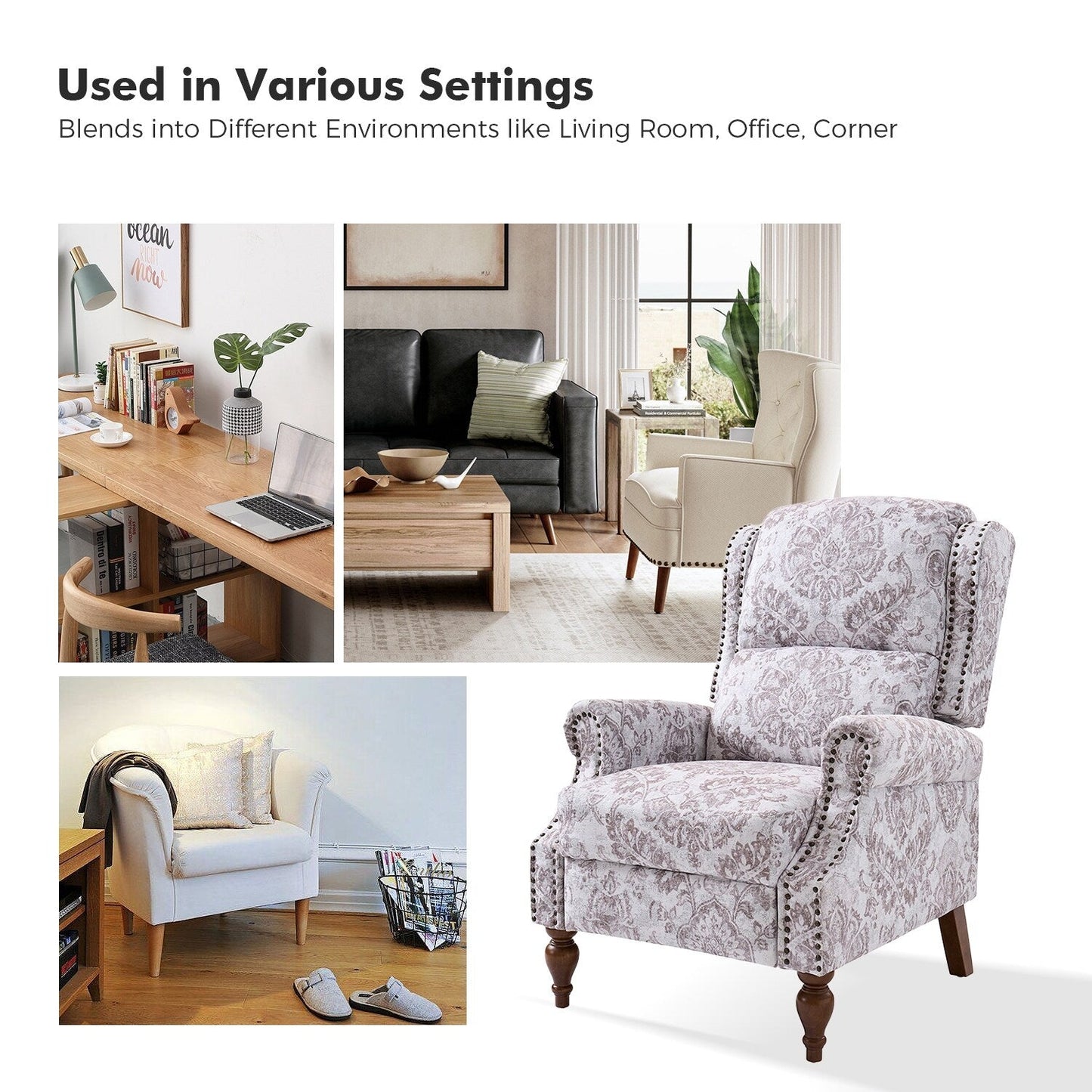 Fauteuil inclinable manuel Terri Classic avec accoudoirs coupés et clous pour salon, lot de 2 par HULALA HOME