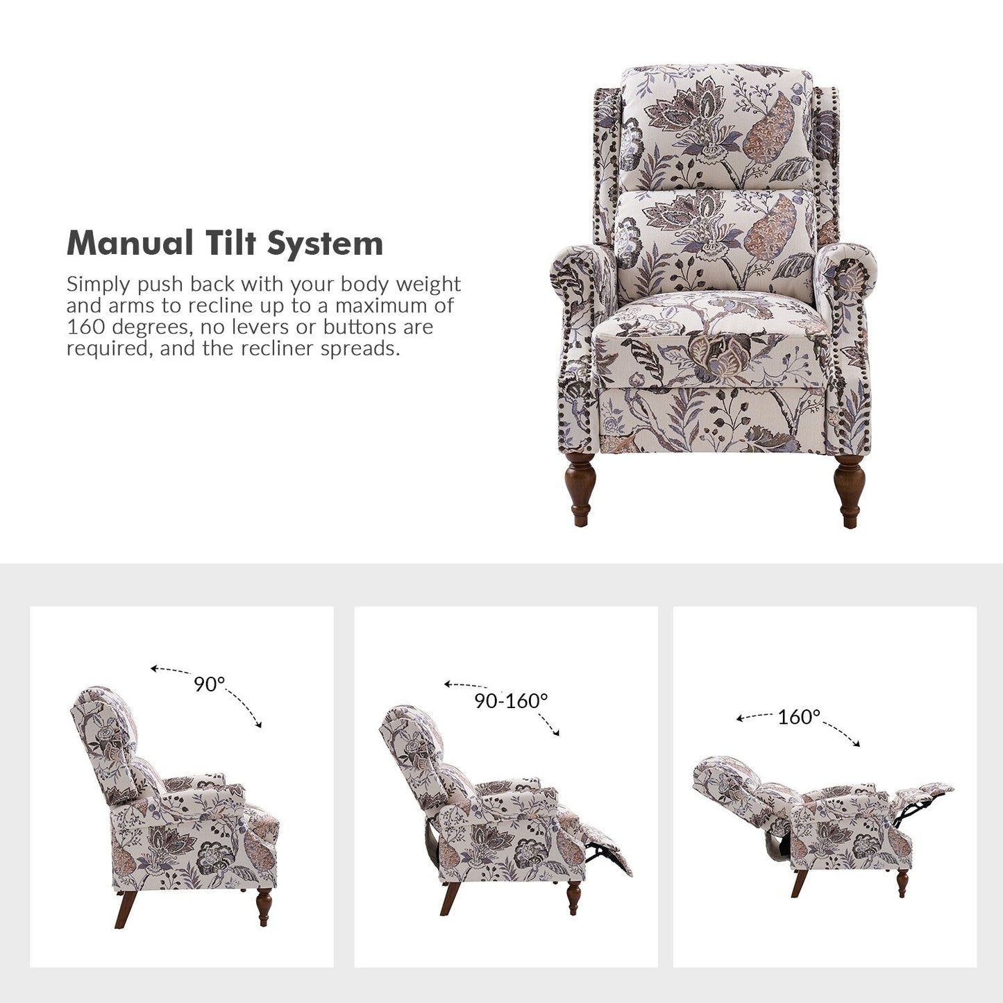 Fauteuil inclinable manuel Terri Classic avec accoudoirs coupés et clous pour salon, lot de 2 par HULALA HOME