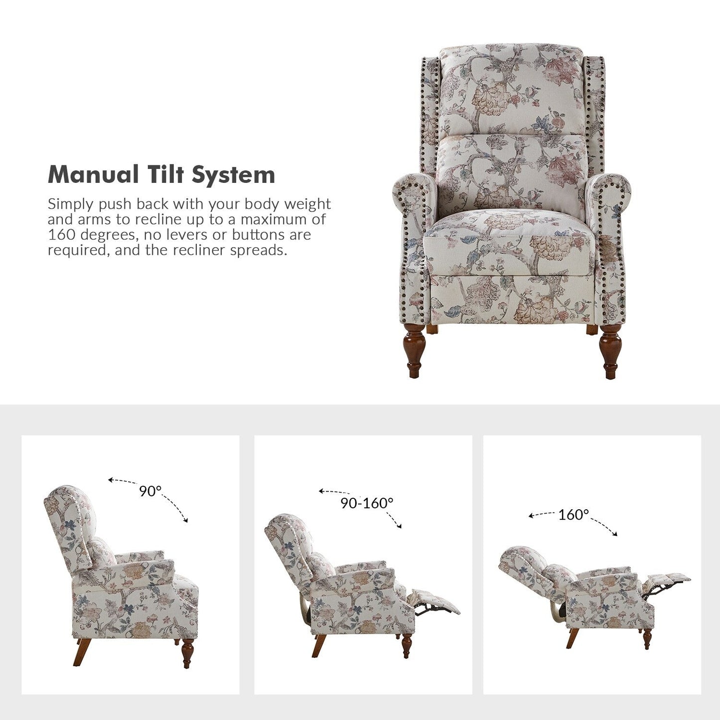 Fauteuil inclinable manuel Terri Classic avec accoudoirs coupés et clous pour salon, lot de 2 par HULALA HOME