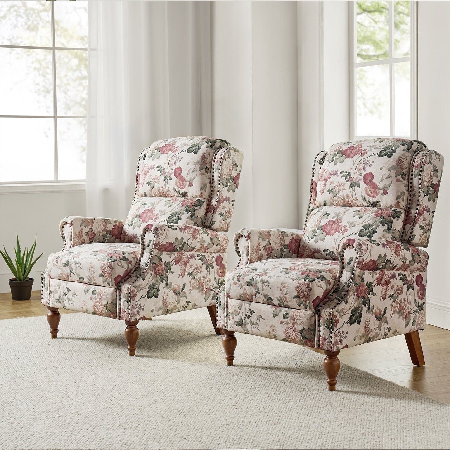 Fauteuil inclinable manuel Terri Classic avec accoudoirs coupés et clous pour salon, lot de 2 par HULALA HOME