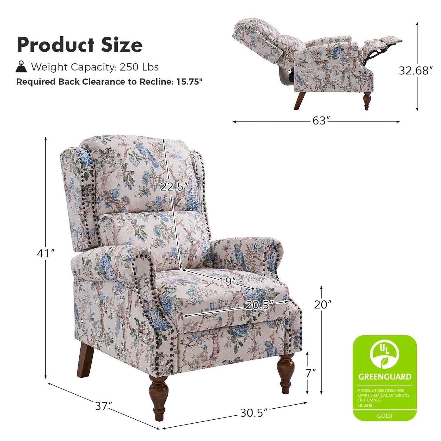 Fauteuil inclinable manuel classique Terri avec accoudoirs coupés et clous pour salon par HULALA HOME